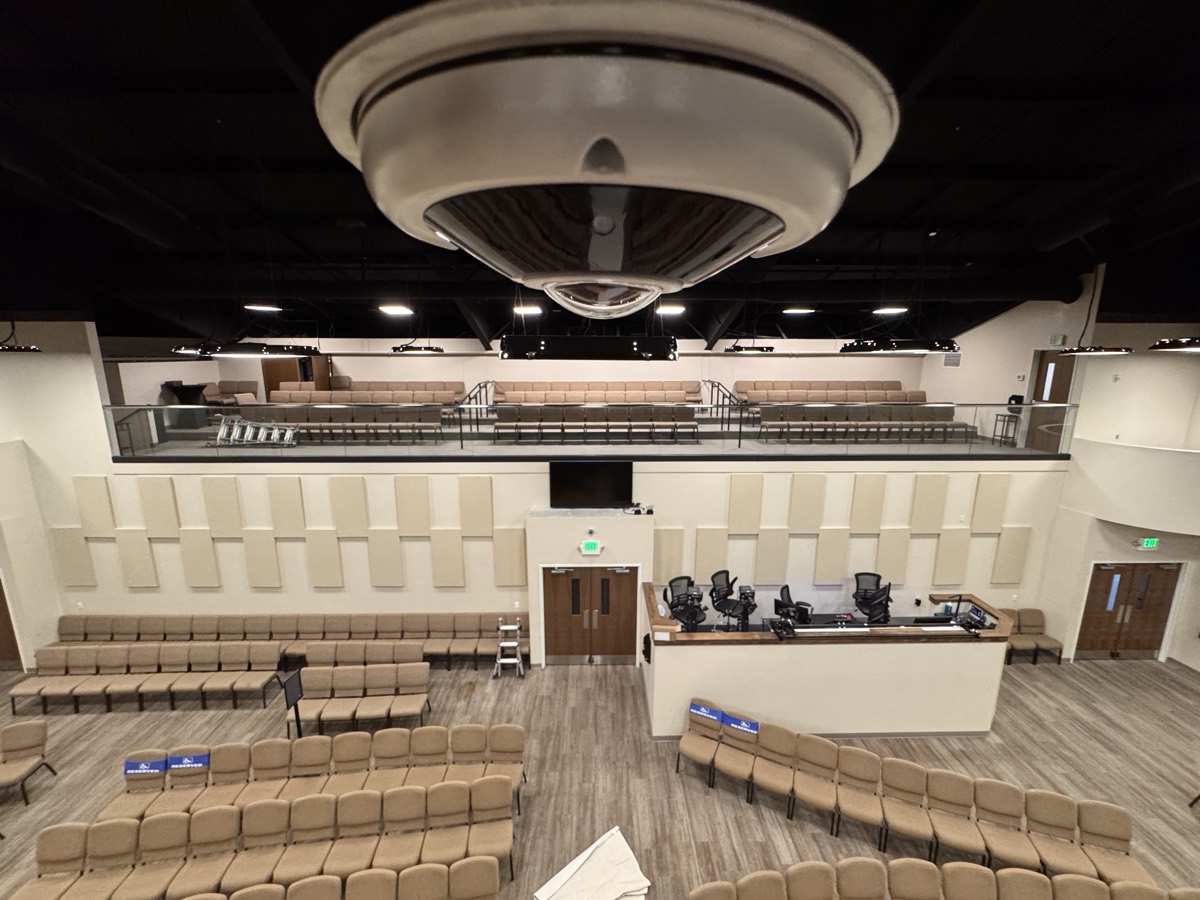 The sanctuary balcony and production booth after the technology integration.